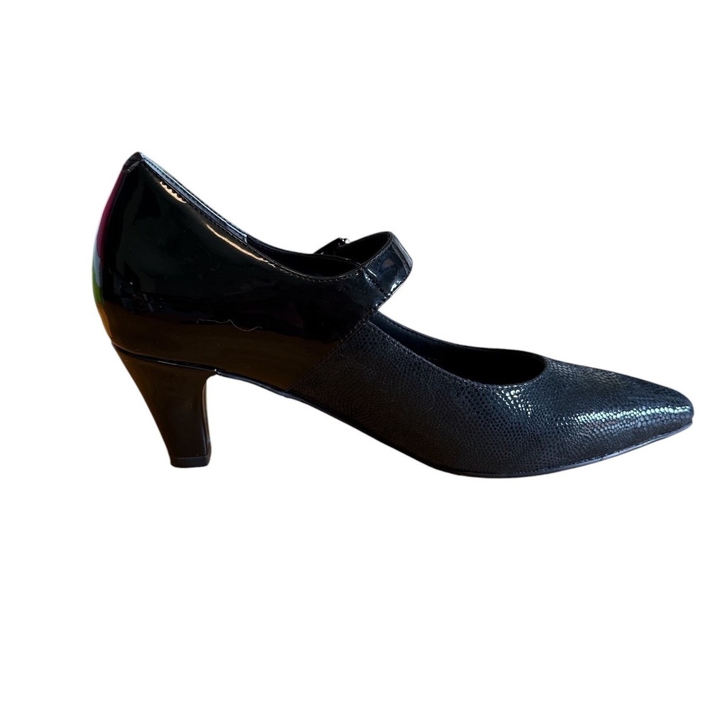 Ros Hommerson Black Patent Leather Lizard Mary Jane Low Block Pumps 7.5N‎ Narrow - Picture 6 of 15